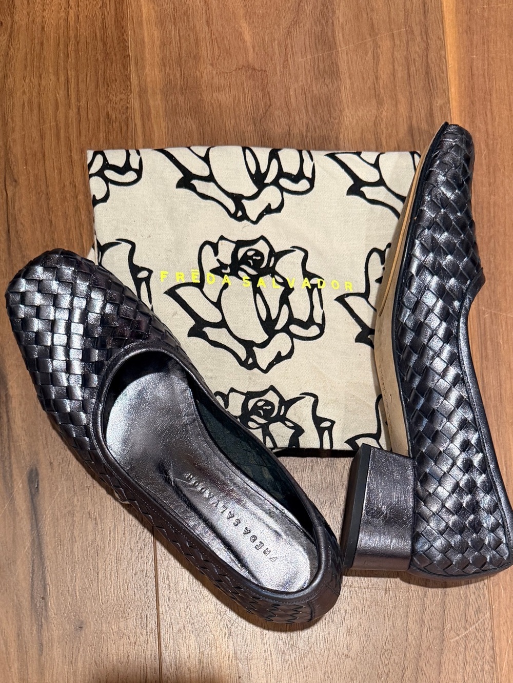 Freda Salvador Metallic Black Woven Leather Low Block Heel Pumps